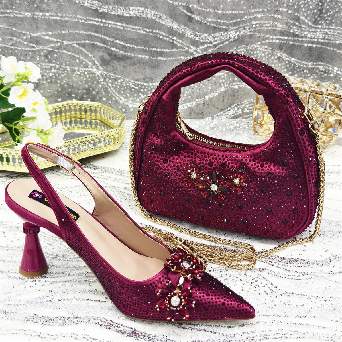 Rhinestone High Heels & Bag Set – Elegant Party Look - Wine - Women - Shoes - Milvertons