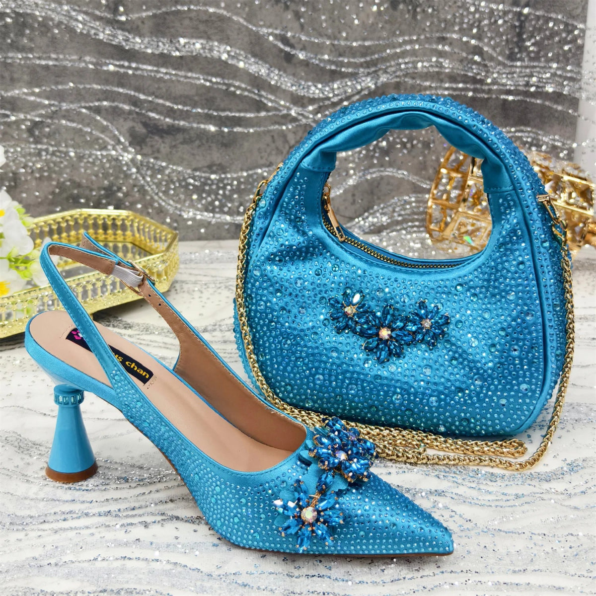 Rhinestone High Heels & Bag Set – Elegant Party Look - Sky Blue - Women - Shoes - Milvertons