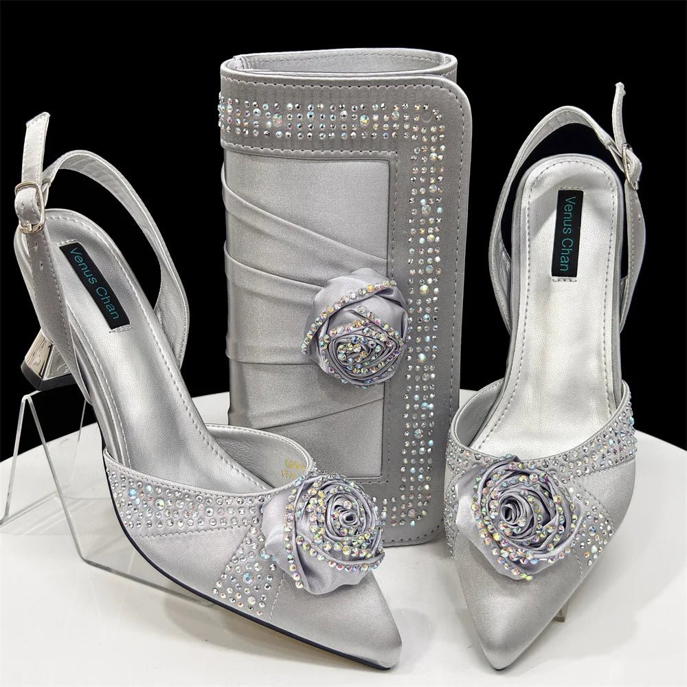 Rhinestone Rose Heels & Bag Set | African Party Elegance - Silver - Women - Shoes - Milvertons