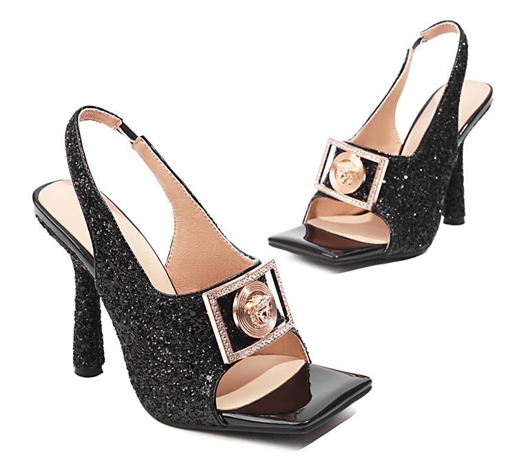 Sequined Square Toe Peep Toe Stiletto Heel Sandals - - Women - Shoes - Milvertons