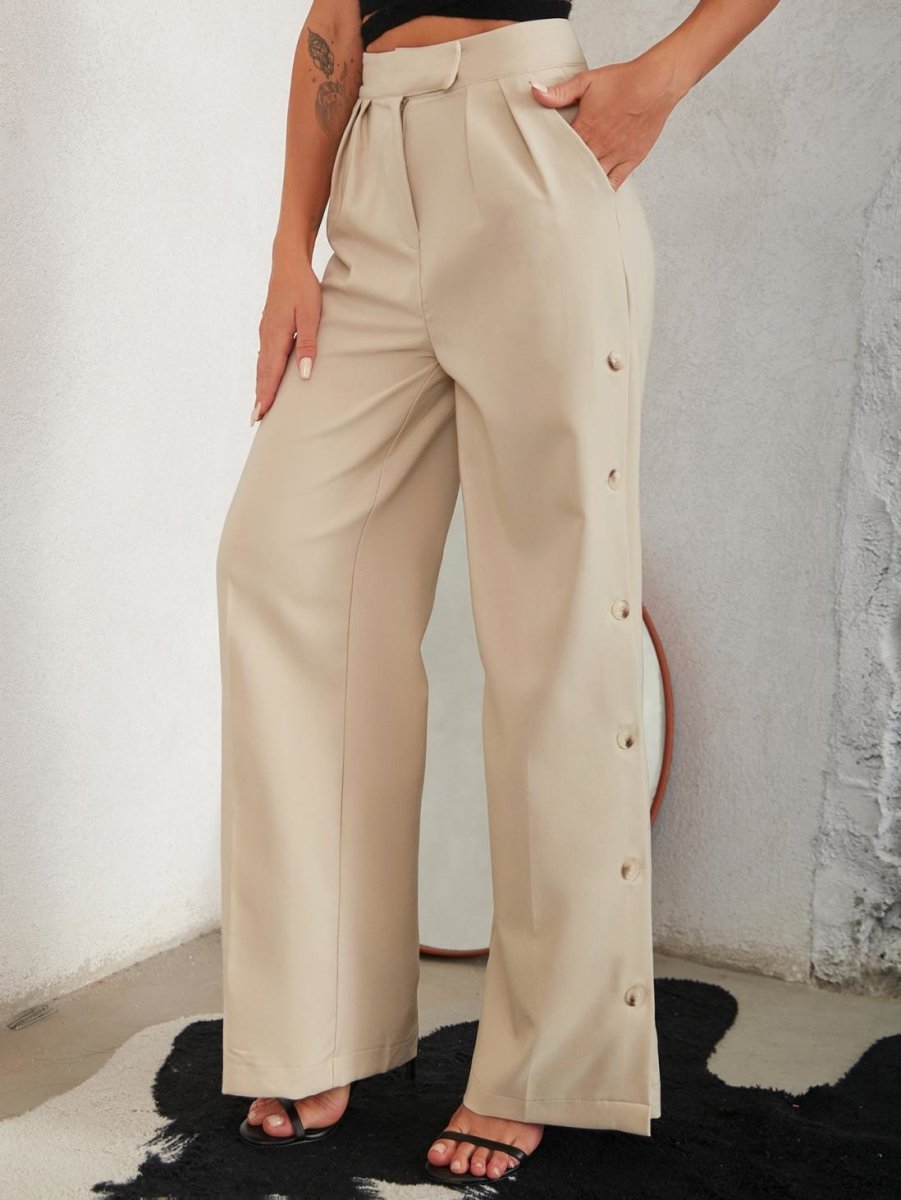 Side Button Pleated Wide Leg Pants - Beige M - Women - Apparel - Clothing - Pants - Milvertons