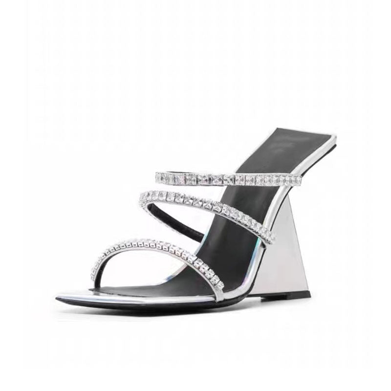 Trendy Square Toe Wedge Slippers in Patent Leather - Silver - Women - Shoes - Milvertons
