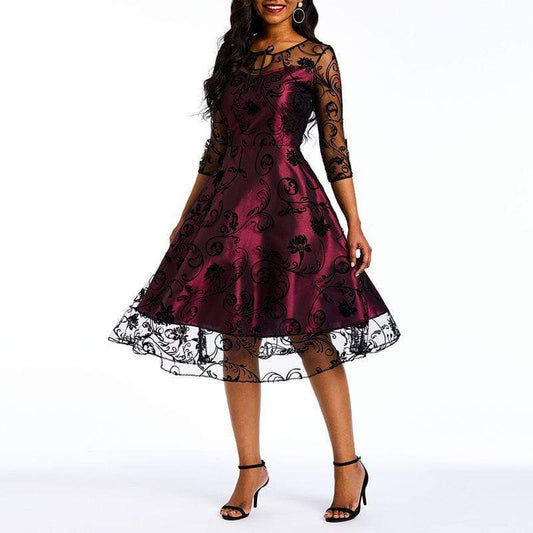 Vintage Women Lace Dress Elegant Three-Quarter Round Collar African Dresses Summer Office Lady A-Line Midi Daily Dress - - Women - Apparel - Dresses - Day to Night - Milvertons