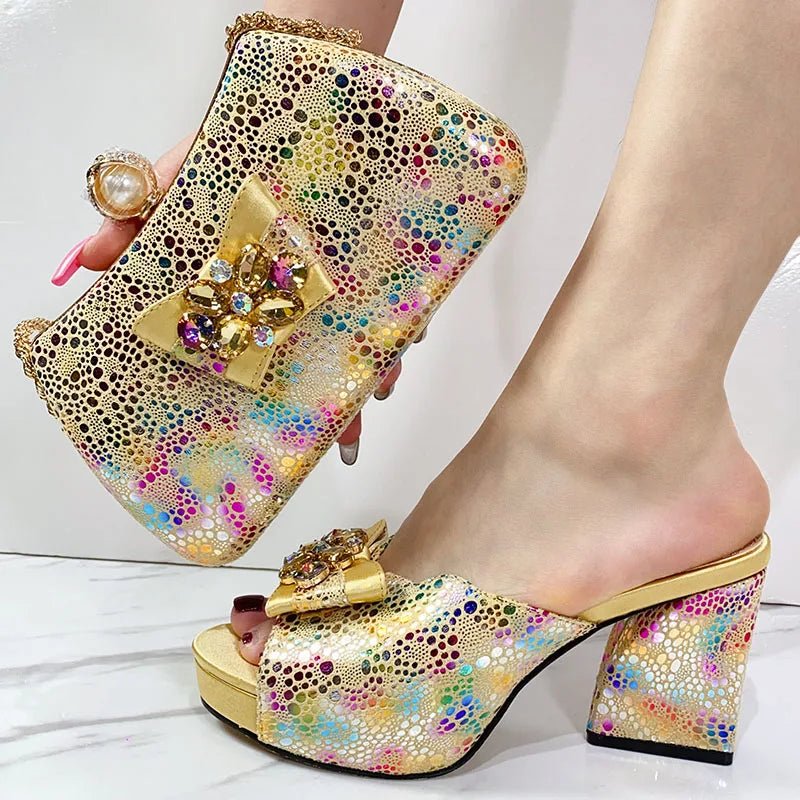 Women's Italian High Heel Sandals & Bag Set - African Style - Gold - Women - Shoes - Milvertons