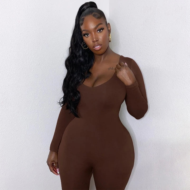 Women’s Long Sleeve Bodycon Jumpsuit – Skinny Streetwear - Coffee - Apparel & Accessories - Clothing - One-Pieces - Jumpsuits & Rompers - Milvertons