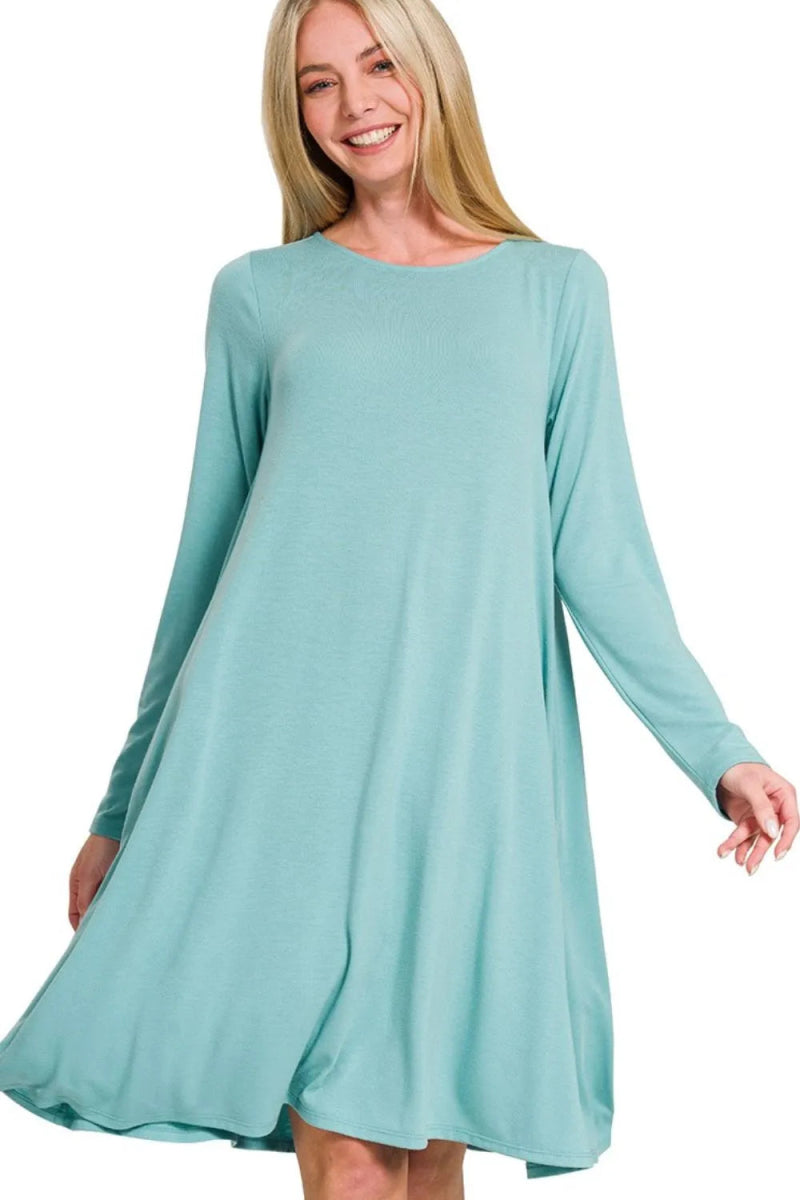 Zenana Long Sleeve Flare Dress With Pockets - Dusty Teal - Women - Apparel - Dresses - Day to Night - Milvertons