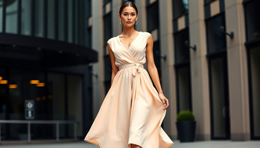 a woman wearing a chic, stylish, v-neck, high waist, maxi dress