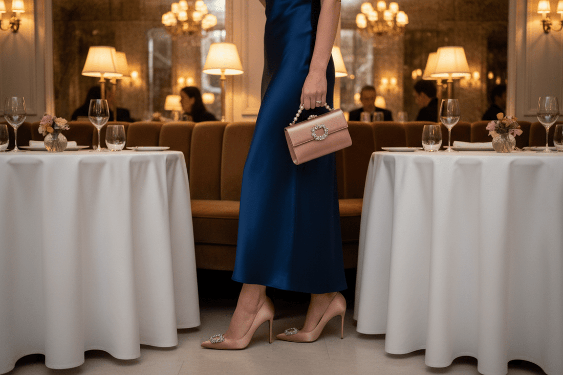 A woman wearing elegant shoes and holding a matching clutch bag in a luxurious restaurant