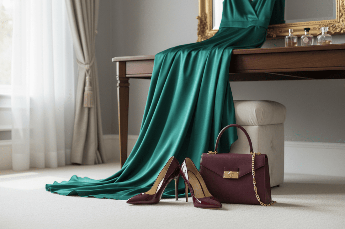 a pair of women's luxury shoes and matching handbag, with an elegant dress on a table in a dressing room