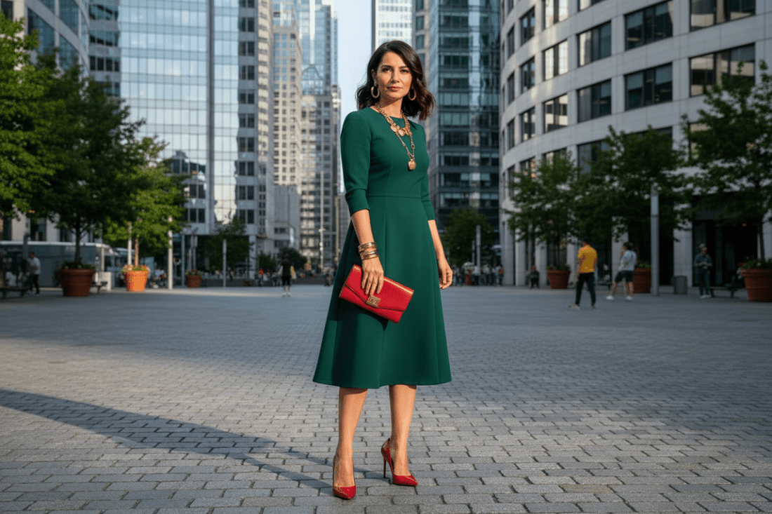 woman in a sophisticated midi dress with well-chosen statement jewelry, wearing a pair of elegant red shoes and holding a matching handbag, standing on a pathway in an urban setting