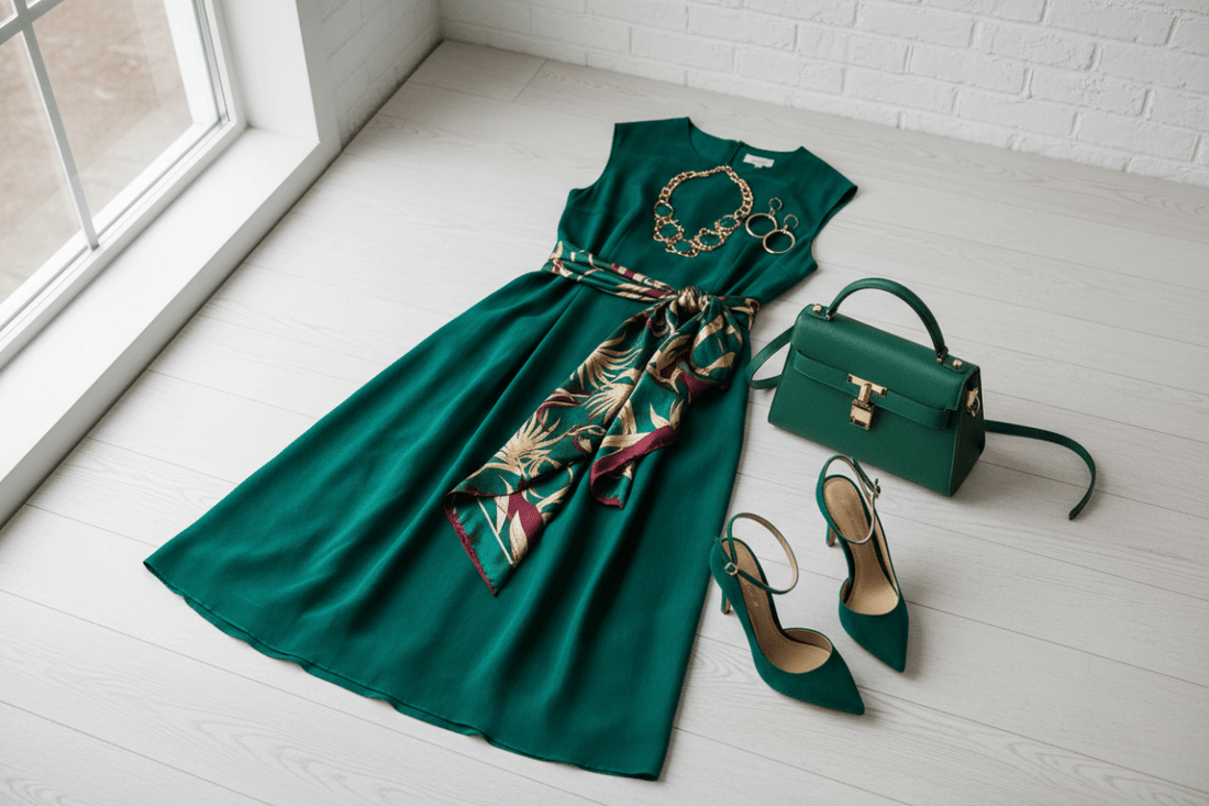 Green dress with floral pattern, green handbag, and green high heels on a white floor.