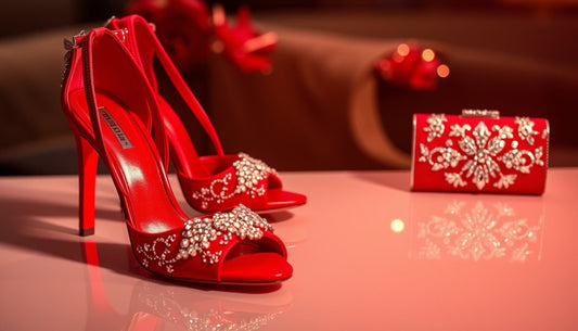 Elegant Italian Rhinestone Shoes and Bag for Evening Parties, Red color