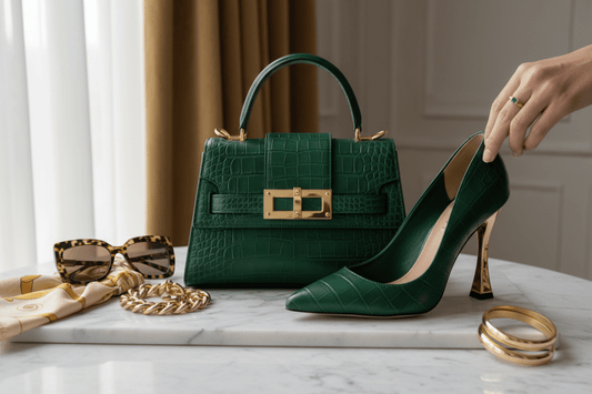 Green high heels and matching handbag on a marble surface with sunglasses and a scarf.