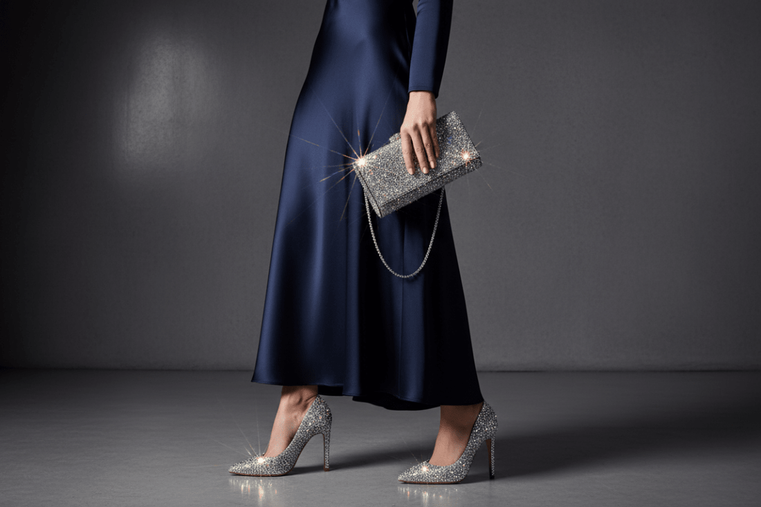 Luxurious and sparkling diamond-embellished pointed-toe heels and bag set, paired with a sleek, dark-toned dress that helps highlight the shimmering diamonds and adds a touch of mystery and allure.