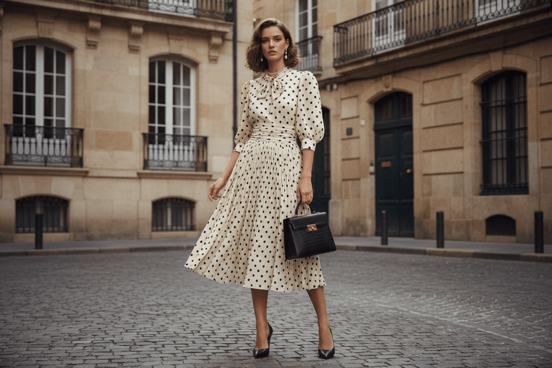 A woman wearing a vintage-inspired dress, paired beautifully with classic pumps and a structured handbag