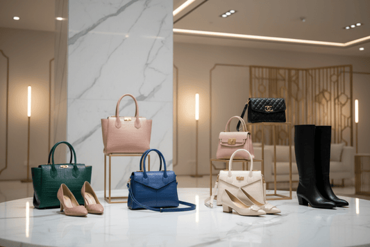 Display of handbags and shoes in a stylish interior setting