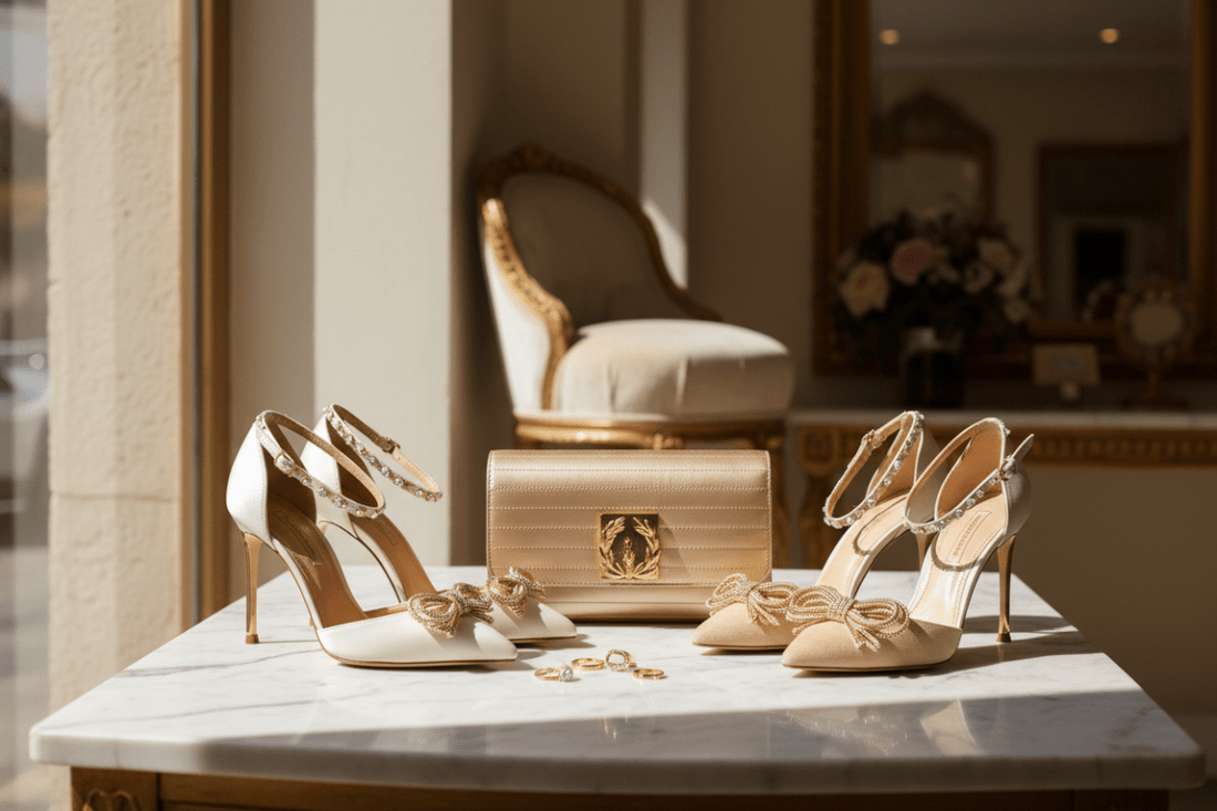 Wedding party heels and handbag set Italian elegance collection displayed in soft natural lighting.