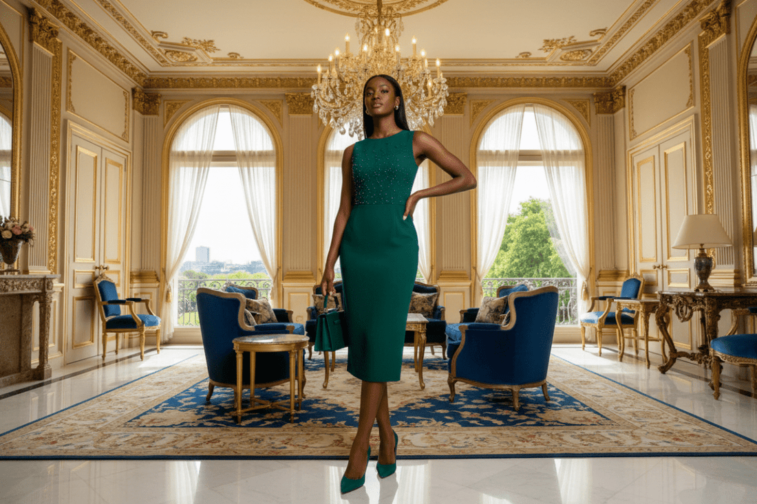 A beautiful woman wearing a green midi dress with matching shoes and bag in a luxurious interior setting