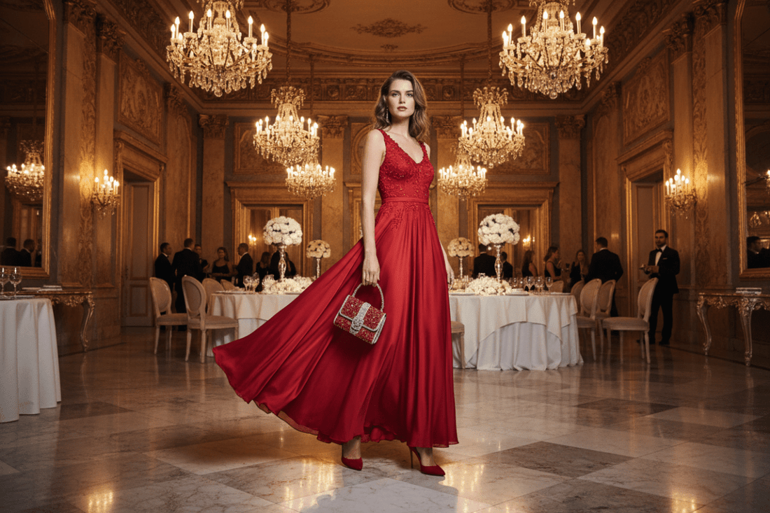 A beautiful model wearing red shoes and holding a matching bag in an indoor gala setting