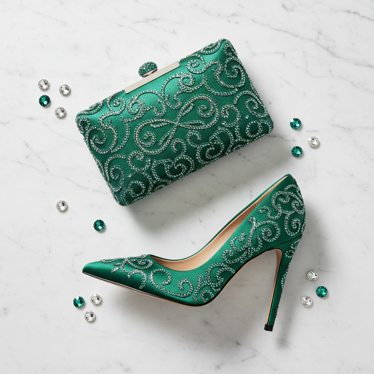 Emerald Rhinestone Shoe Bag Set