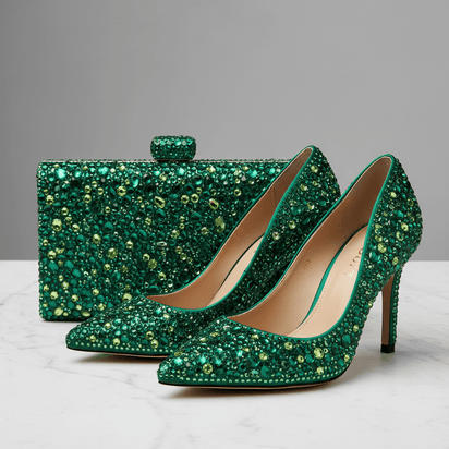 Green Rhinestone Shoe & Bag Sets