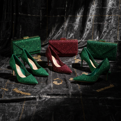 Emerald, Burgundy & Green Rhinestone Shoe and Bag Sets
