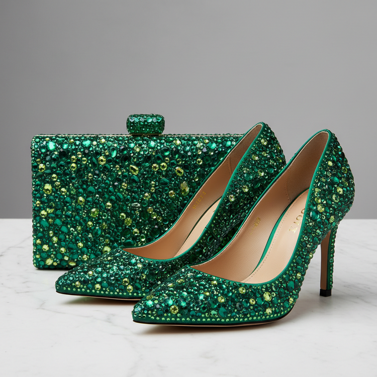 Green Rhinestone Shoe & Bag Sets