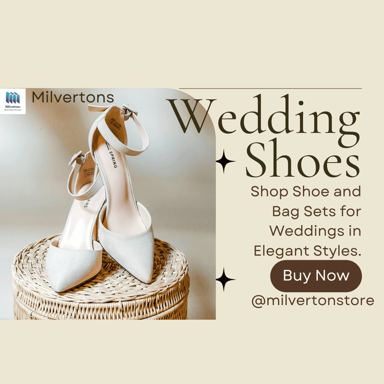 White wedding shoes on a wicker stool with promotional text for Milvertons store.