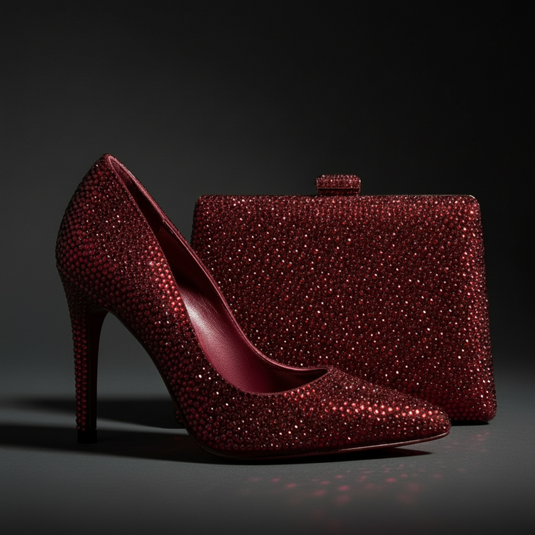 Burgundy Rhinestone Shoe Bag Set
