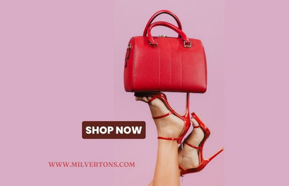 A woman's legs adorned with red shoes and a red purse, showcased on the Women's Shoes and Bags collection banner at the Milvertons Store.