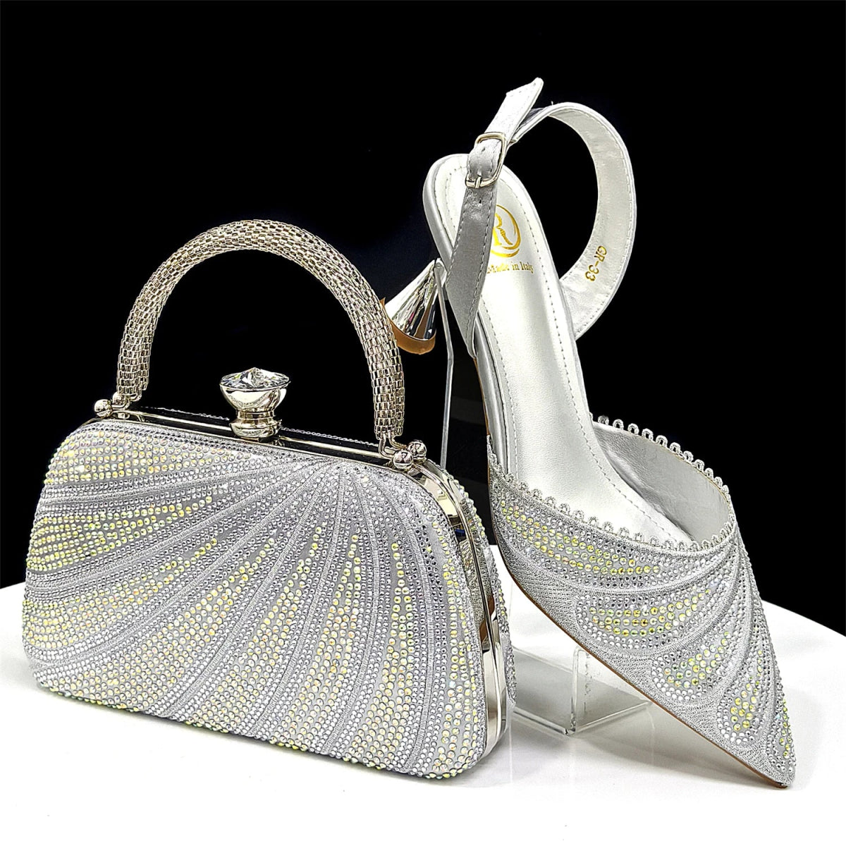 Silver 2026 Women's Diamond-Embellished Pointed-Toe Heels & Bag Set on a white surface.