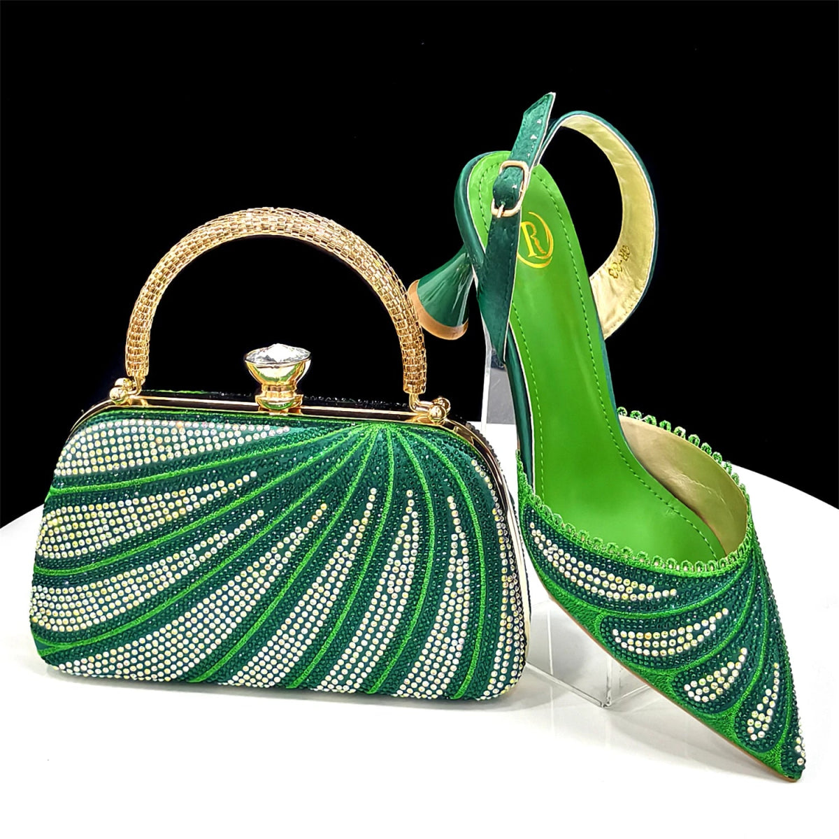Green 2026 Women's Diamond-Embellished Pointed-Toe Heels & Bag Set on a black background