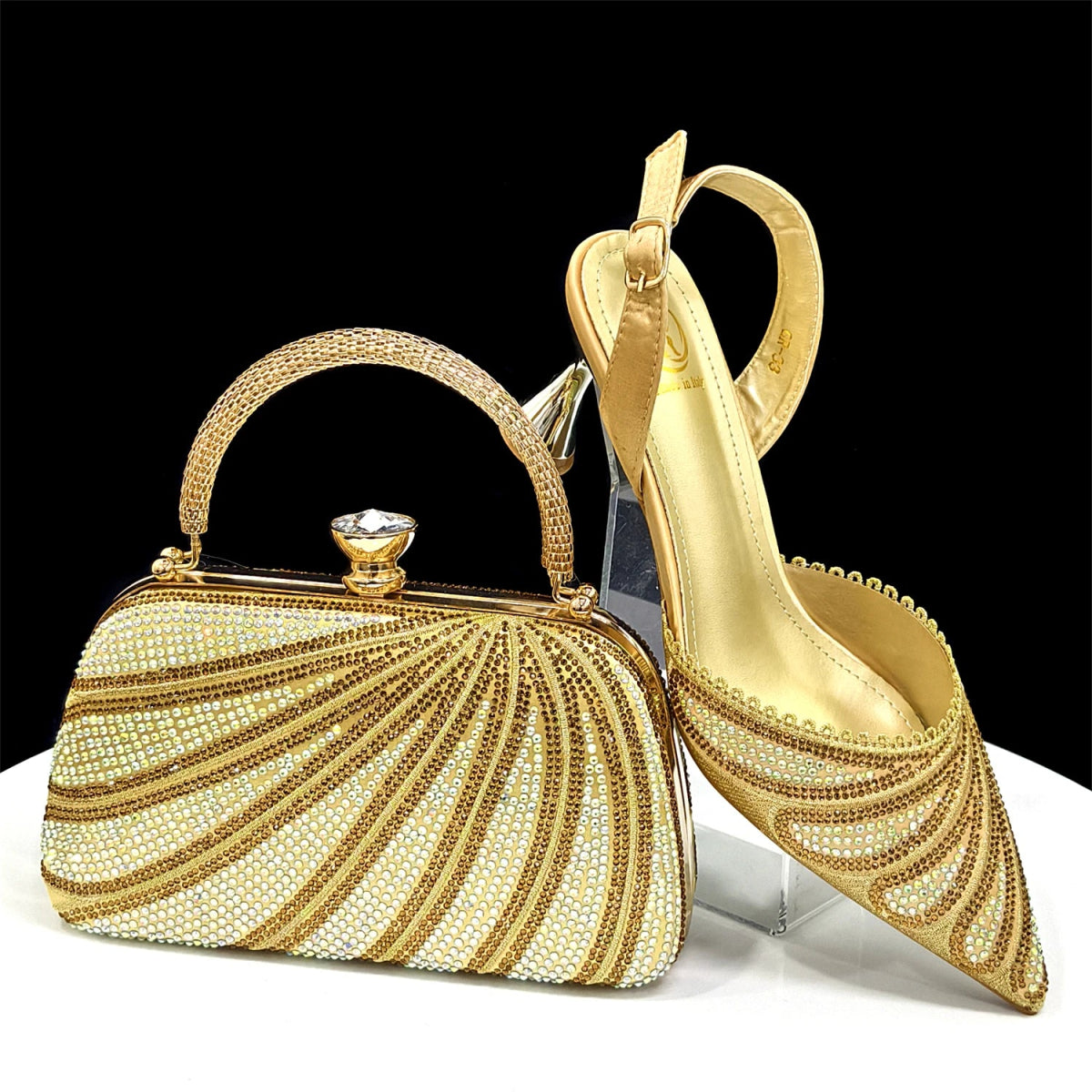Gold 2026 Women's Diamond-Embellished Pointed-Toe Heels & Bag Set on a white background