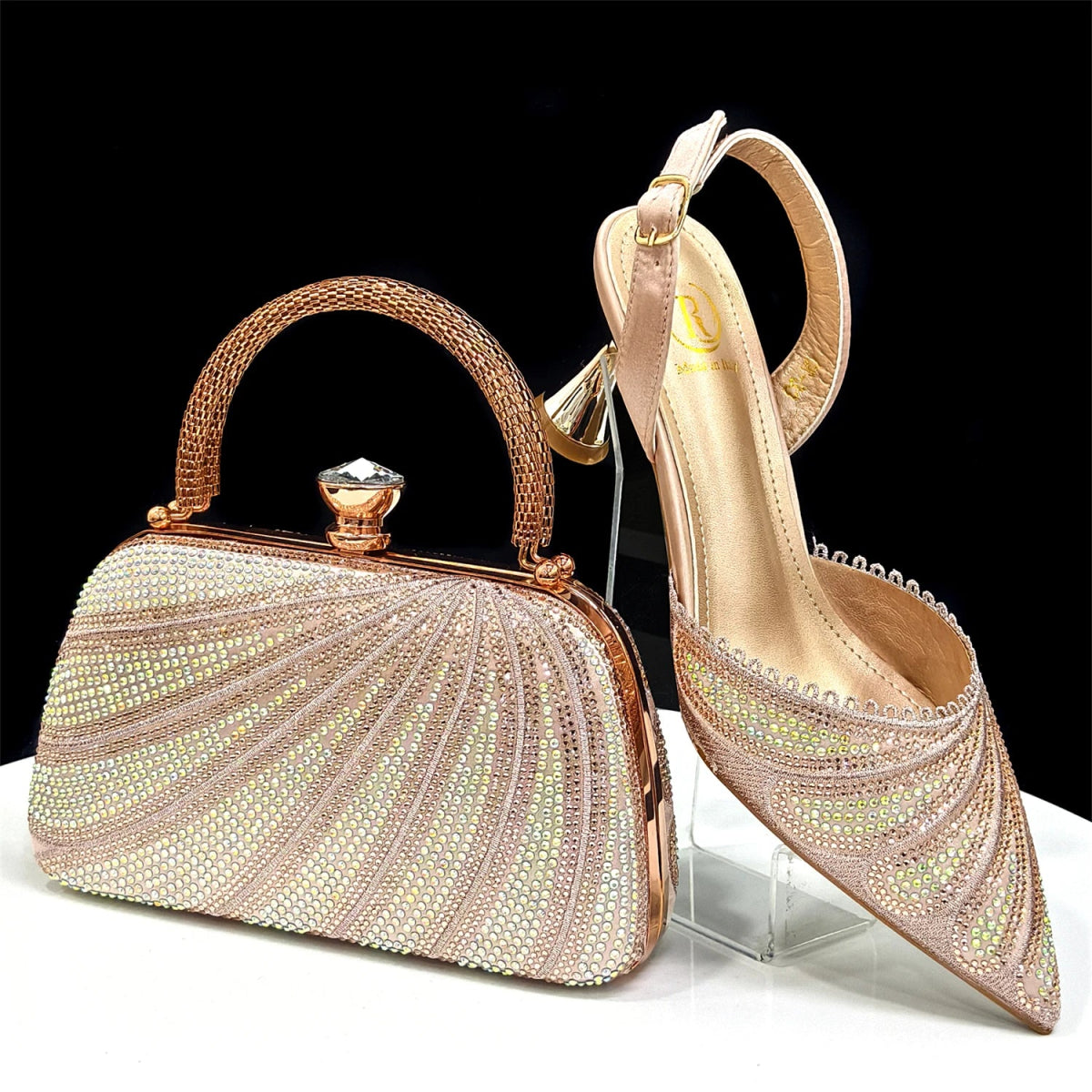Pink 2026 Women's Diamond-Embellished Pointed-Toe Heels & Bag Set on a white background