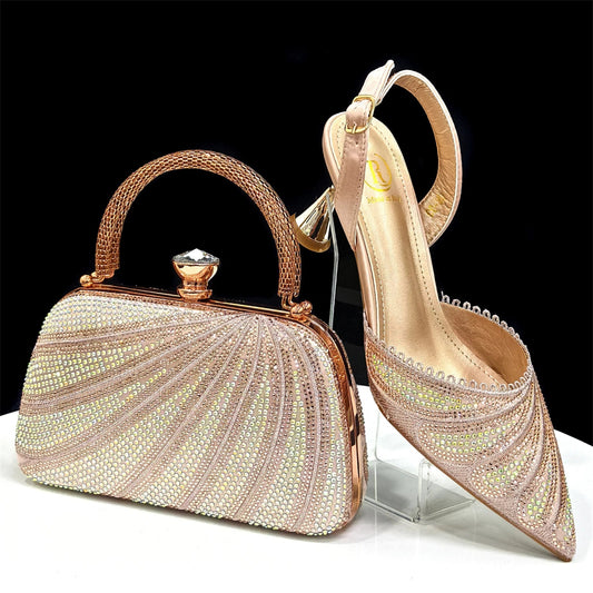 Pink 2026 Women's Diamond-Embellished Pointed-Toe Heels & Bag Set on a white background
