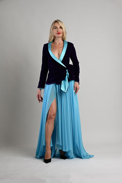 Turquoise Chiffon Maxi Skirt with Overlap Slit