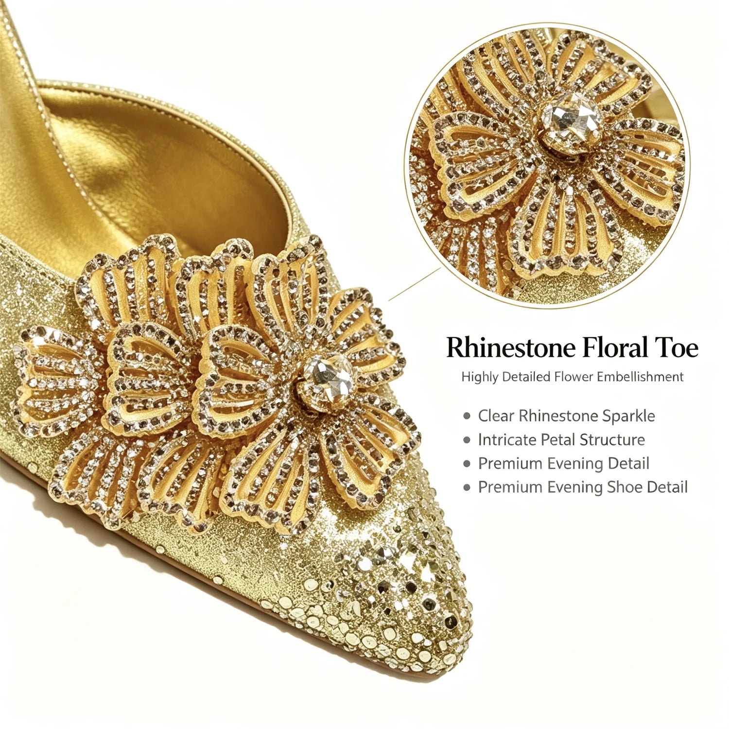 Gold glitter pointed-toe flat shoe with large floral rhinestone embellishments on the toe, shown on a white background with a circular detail inset and product feature text.