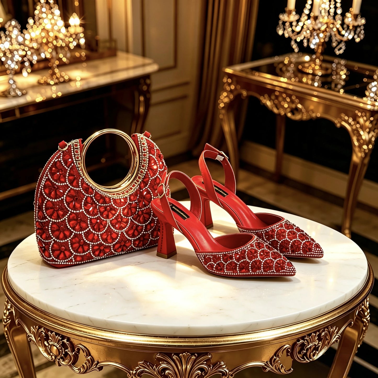 Red Rhinestone Pointed Toe Heels & Matching Handbag Set