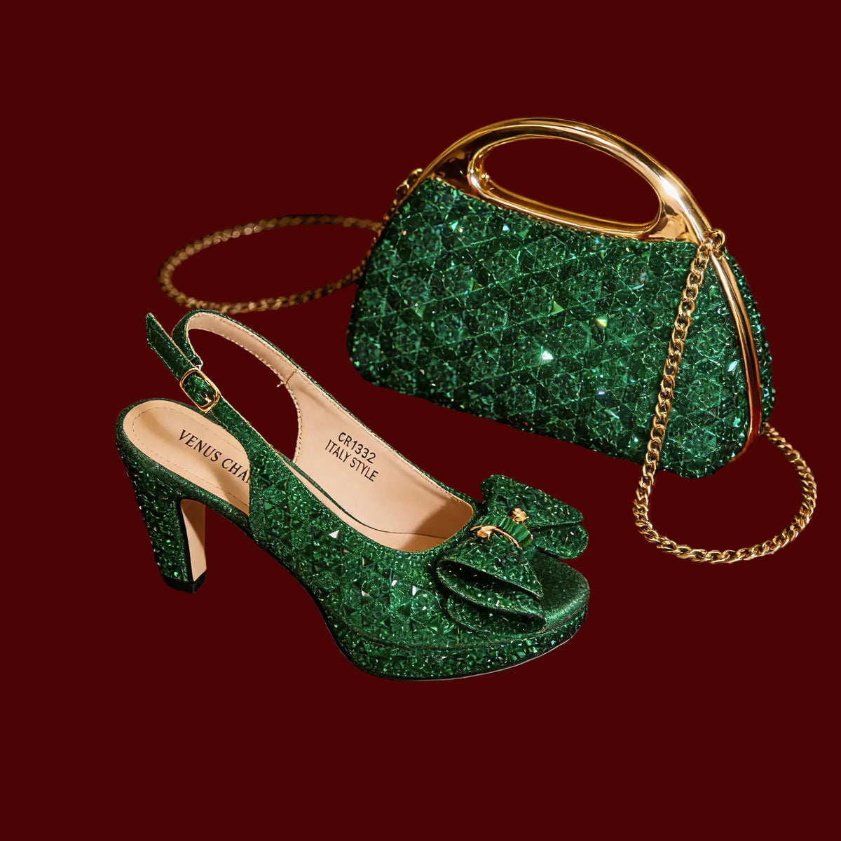 Green glittery shoes and handbag against a maroon background.