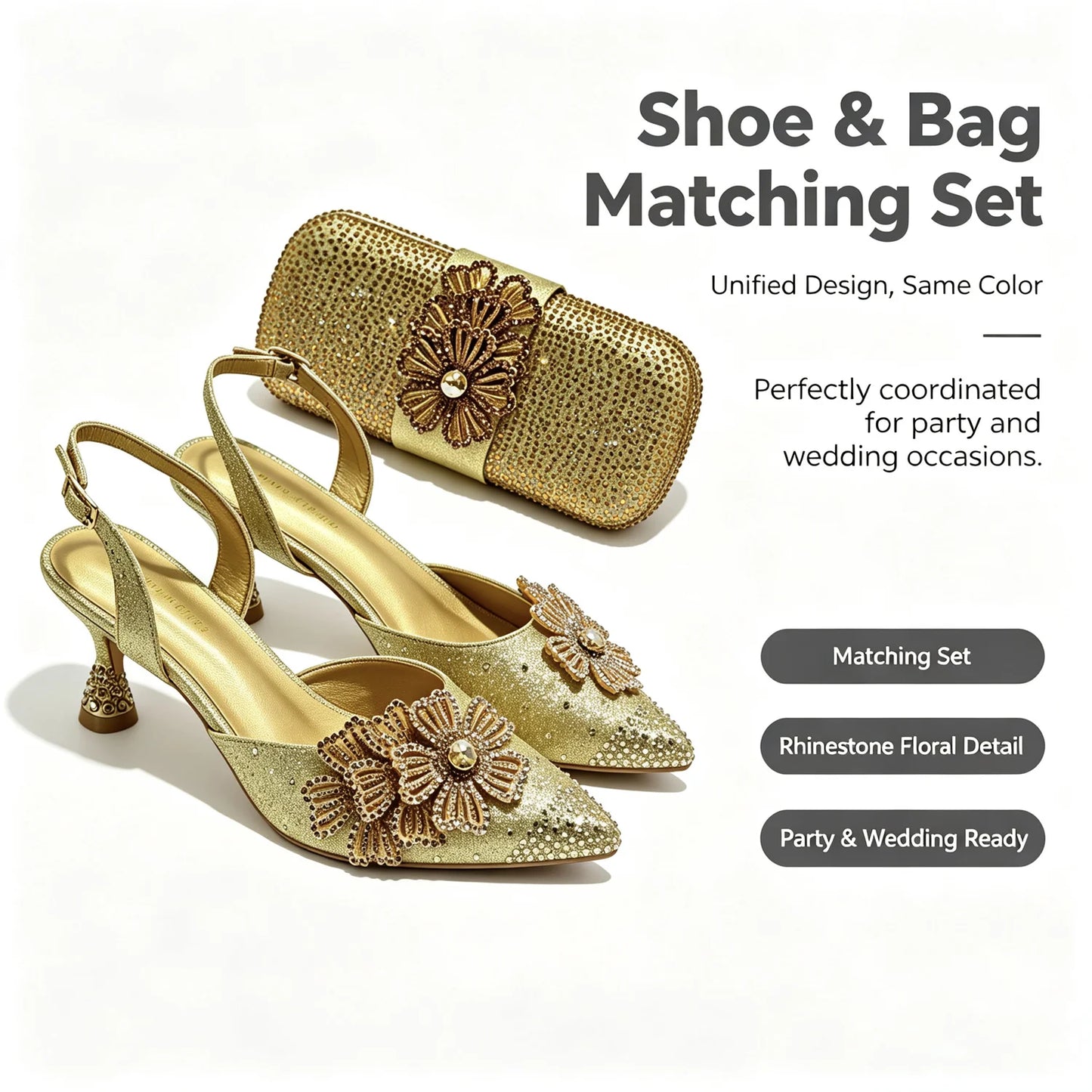 Gold rhinestone-embellished slingback pointed-toe heels and a matching gold handbag shown on a white background with promotional text reading 'Shoe & Bag Matching Set.'.