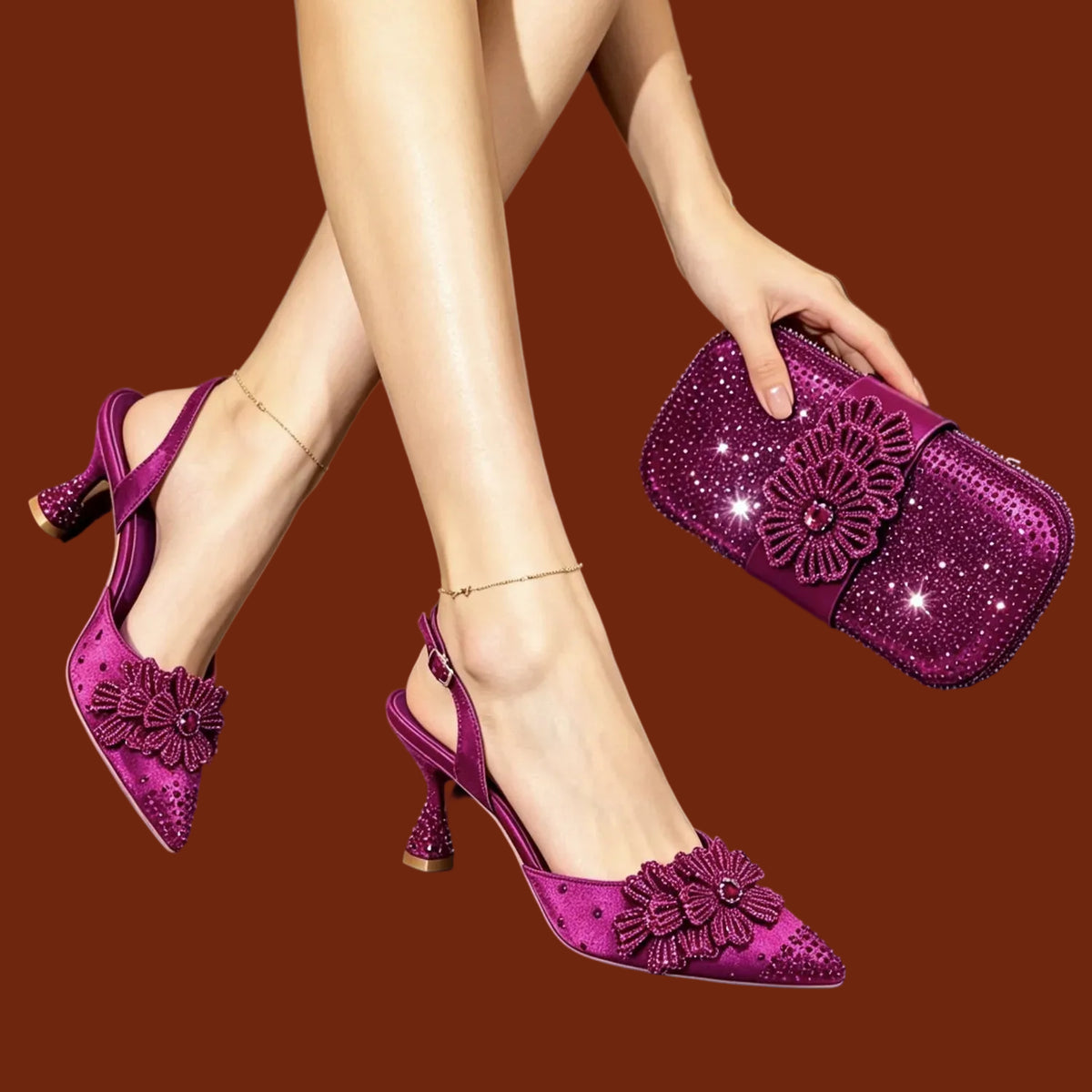 A person wearing bright magenta pointed slingback heels with large floral embellishments and matching sparkly clutch handbag, against a brown background.