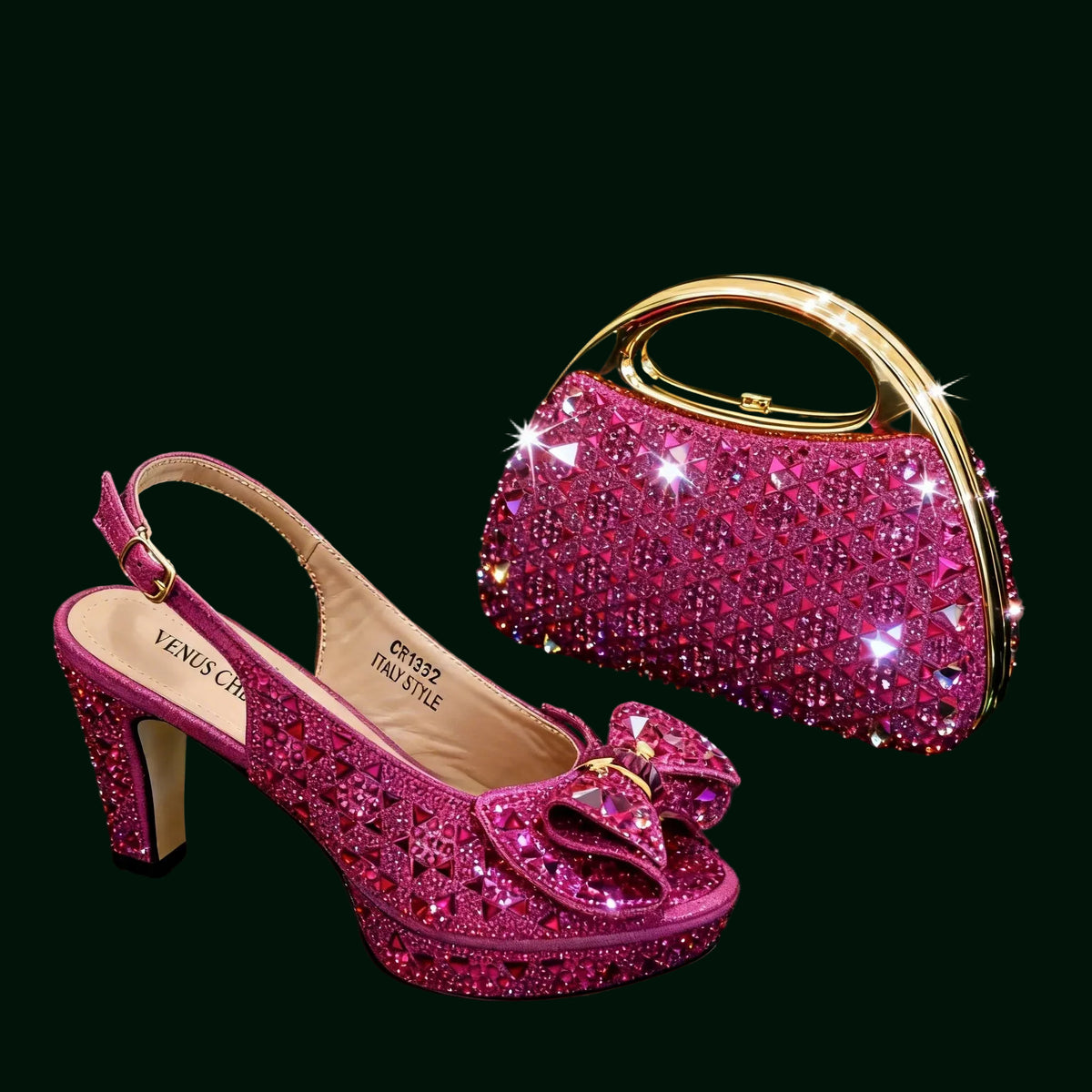 Fuchsia glittery high-heeled shoe and matching handbag against a green background
