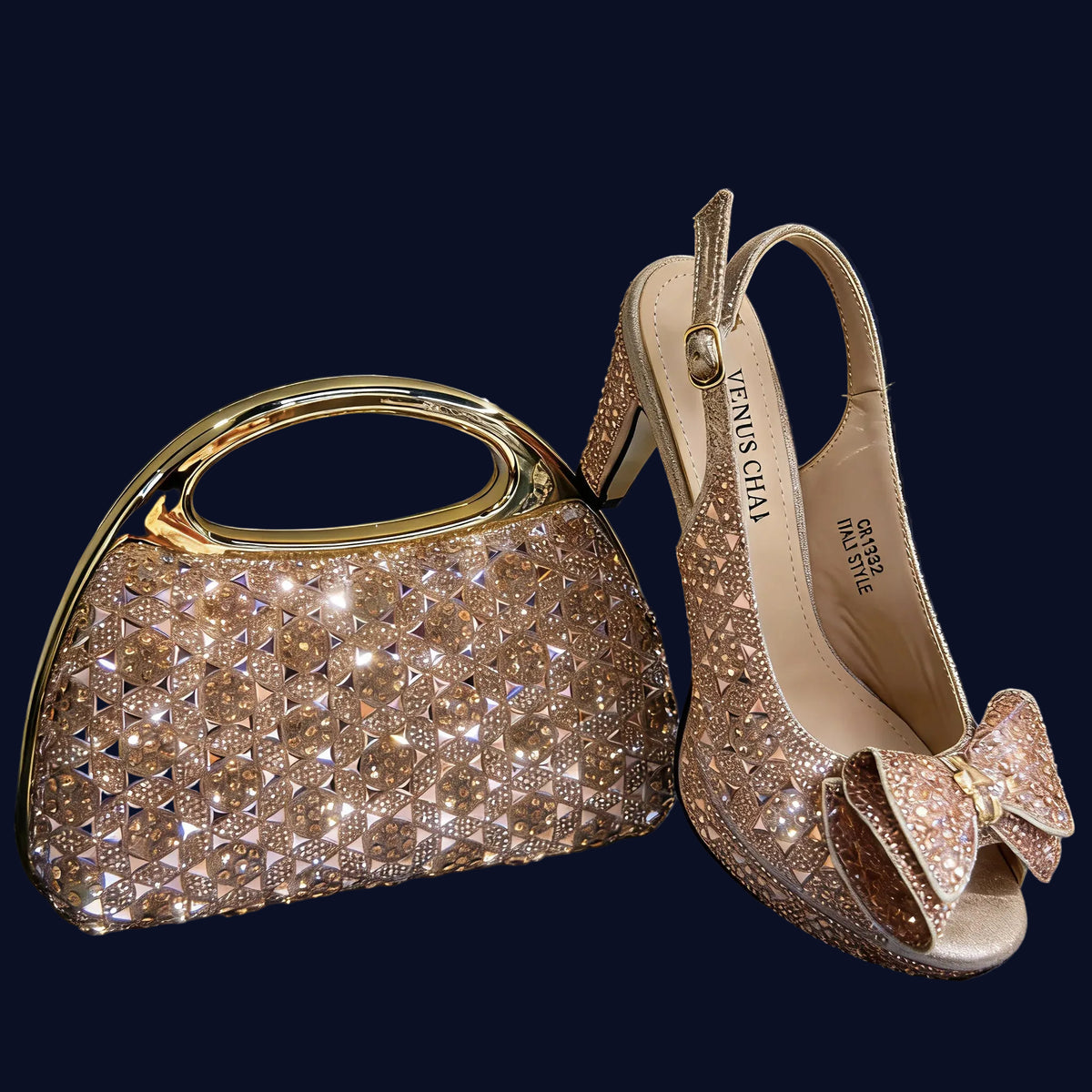 Gold glittery handbag and shoe against a blue background