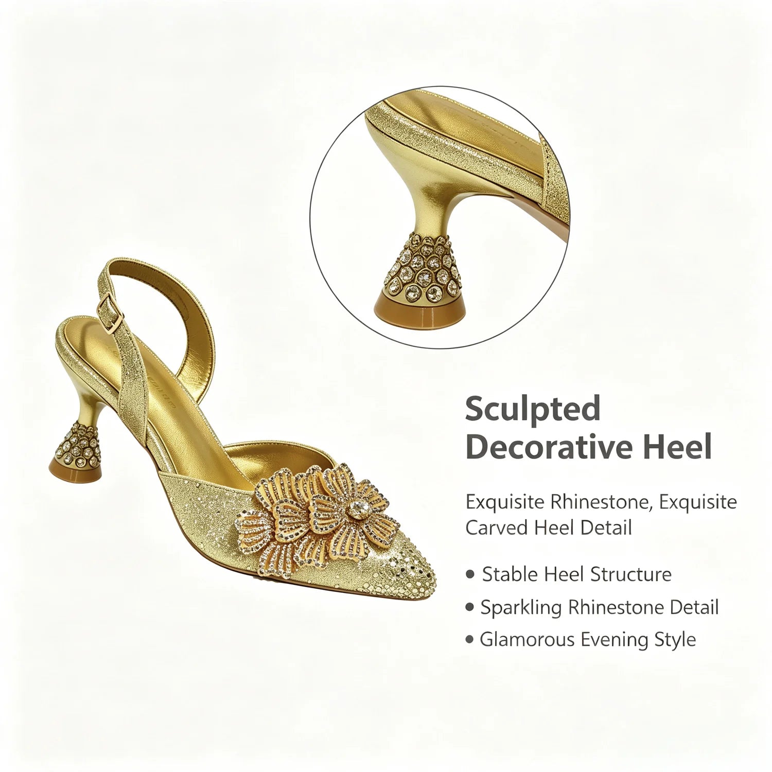 A gold pointed-toe slingback high heel with a rhinestone-embellished sculpted heel and floral embellishment on the toe, shown on a light background with an inset detail of the heel and marketing text.