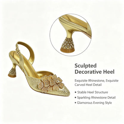 A gold pointed-toe slingback high heel with a rhinestone-embellished sculpted heel and floral embellishment on the toe, shown on a light background with an inset detail of the heel and marketing text.