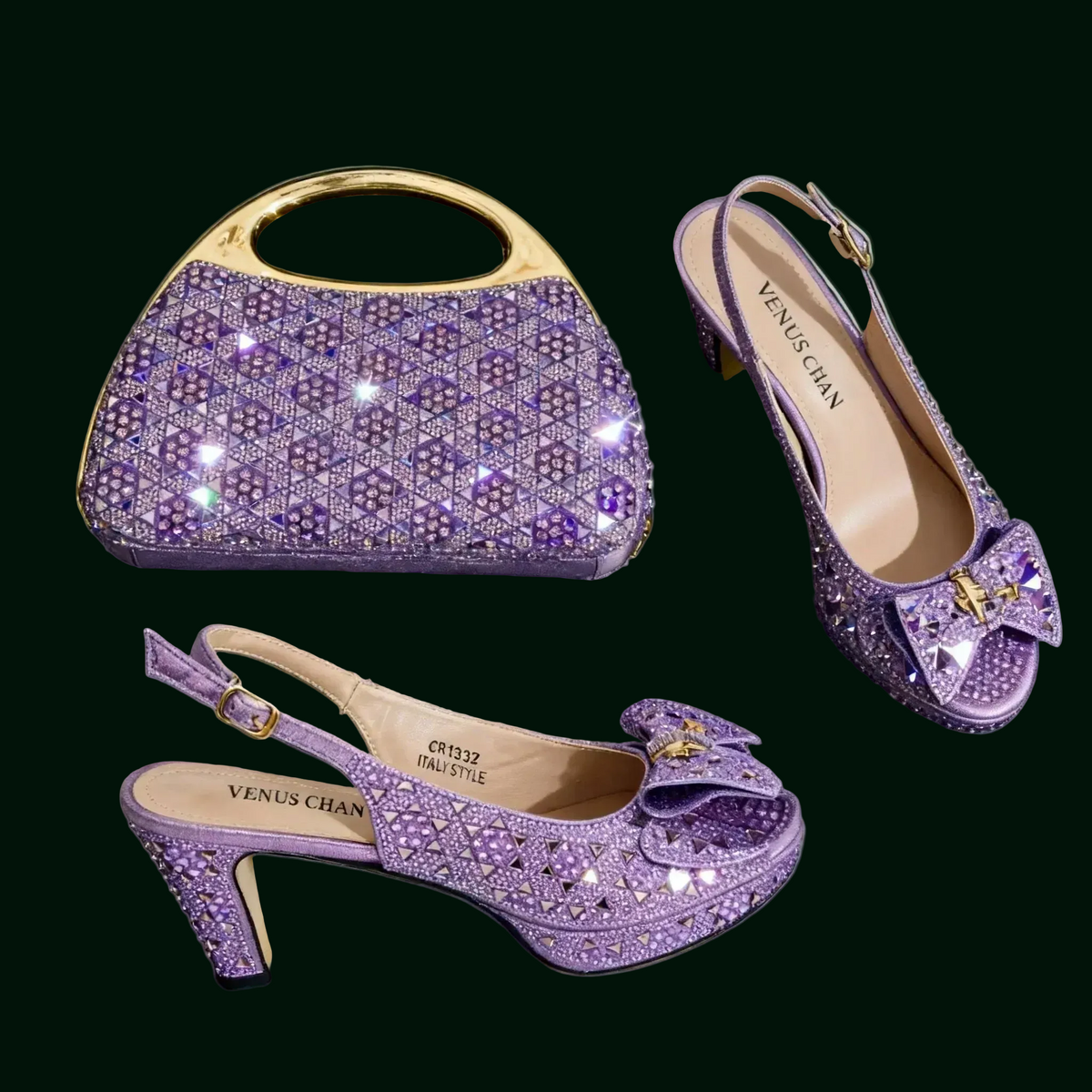 A luxury matching set featuring a purple rhinestone-embellished handbag with a gold handle, a purple slingback high-heel shoe, and a matching purple slingback pump with a bow and rhinestone detailing. 