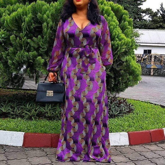 African Lady Long Robe Dress V-Neck A-Line Floor-Length Maxi Dress Large Size Femme Vestiods Tunic Cover Up Beach Summer - M Female Purple - Women - Apparel - Dresses - Day to Night - Milvertons