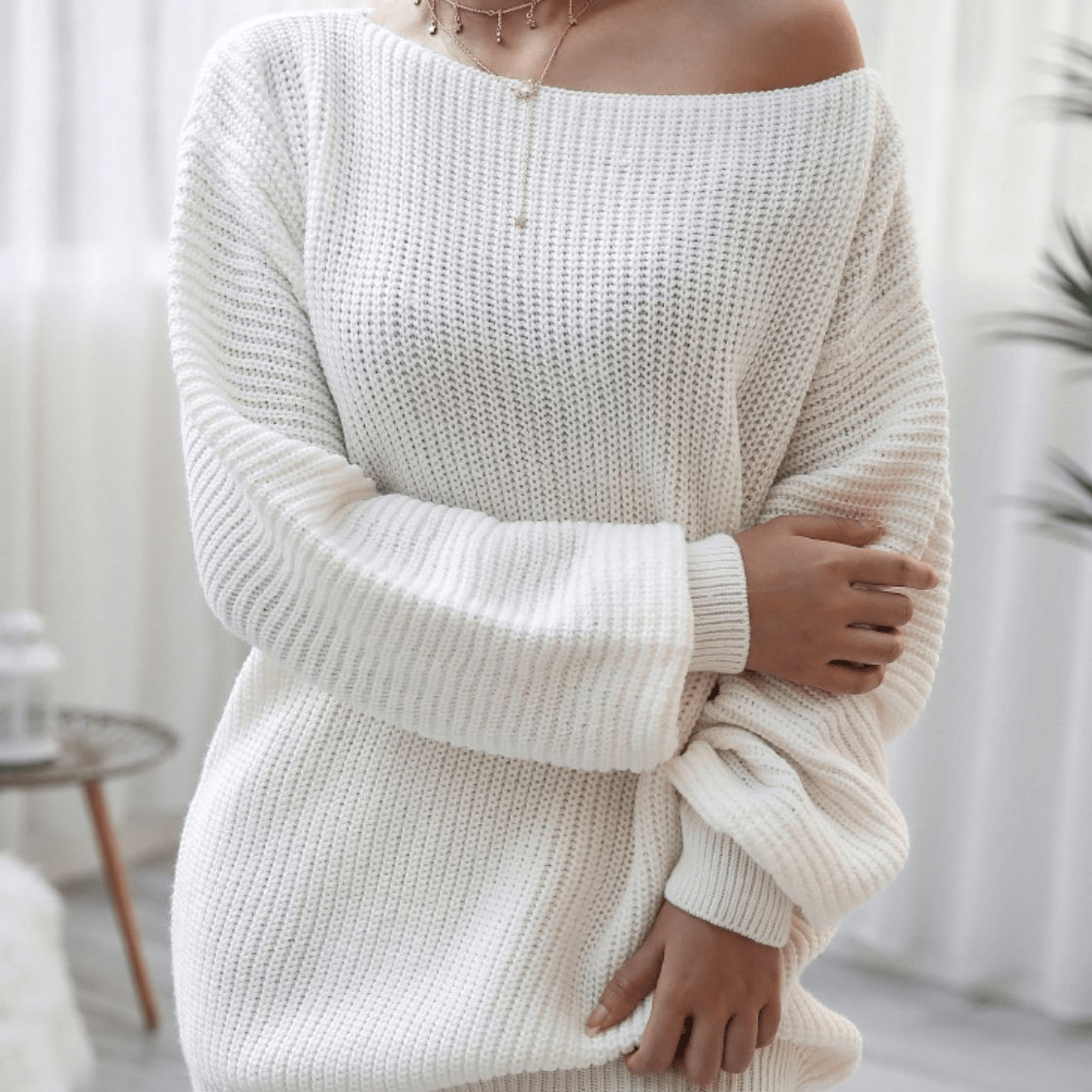 Balloon Sleeve Boat Neck Sweater Mini Dress, Knit