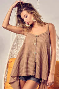 BiBi Popcorn Waffle Knit with Buttoned Front Cami Top - TAUPE - - Trendsi