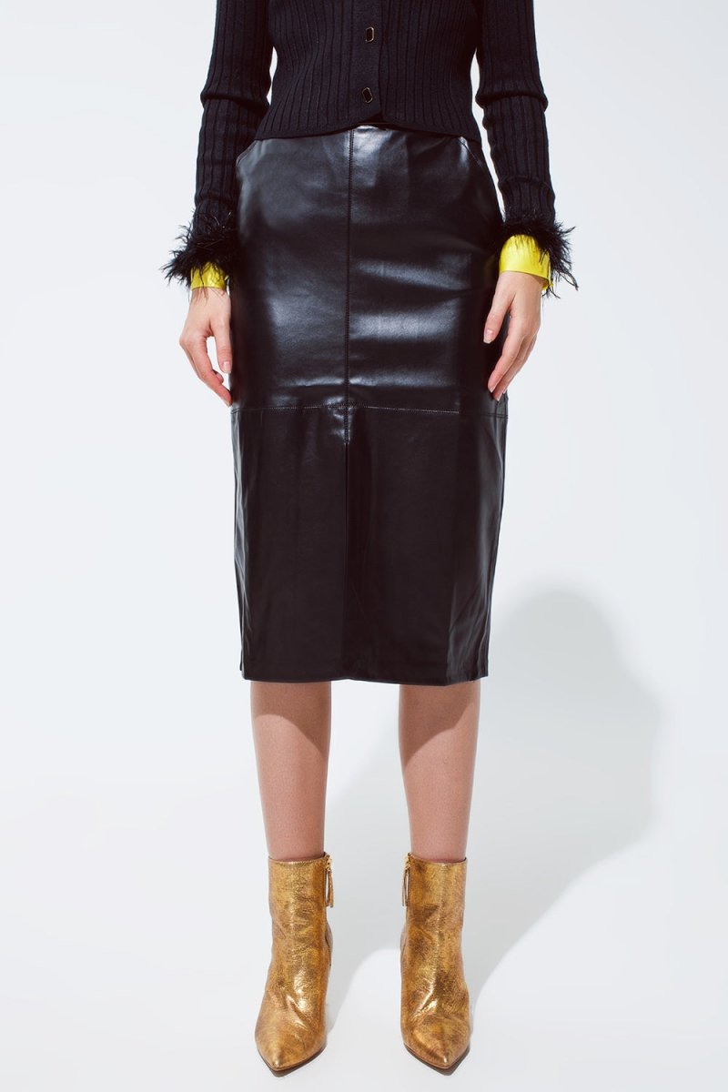 Black Faux Leather Pencil Skirt with Sleek Cut Design - - Women - Apparel - Skirts - Midi - Milvertons